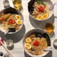 Mushroom Tonkotsu Ramen · Noodles, shiitake and enoki mushrooms, soft-boiled egg, bamboo shoots, kikurage, nori, negi