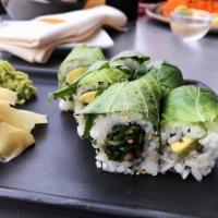 Mean Green Roll · Sauteed shiitake and shishito, jalapeño, avocado, garlic, ohba. Vegan, gluten-free.