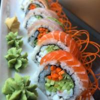 Rainbow Roll · Kani kama, cucumber, carrot, avocado, 4 pieces of chef's choice sashimi