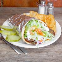 Gyro Wrap · Choose of beef or chicken served with lettuce, tomatoes, onions, tzatziki sauce, and fries.