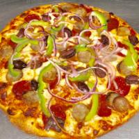  Pizzallissino Special Pizza(Pepperoni, sausage, Kalamata olives, green peppers and raw onions. · Pepperoni, sausage, Kalamata olives, green peppers and raw onions.