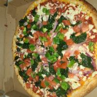  Greek Style Pizza · Tomato sauce, spinach, tomatoes, onions, green peppers, feta cheese and olives.