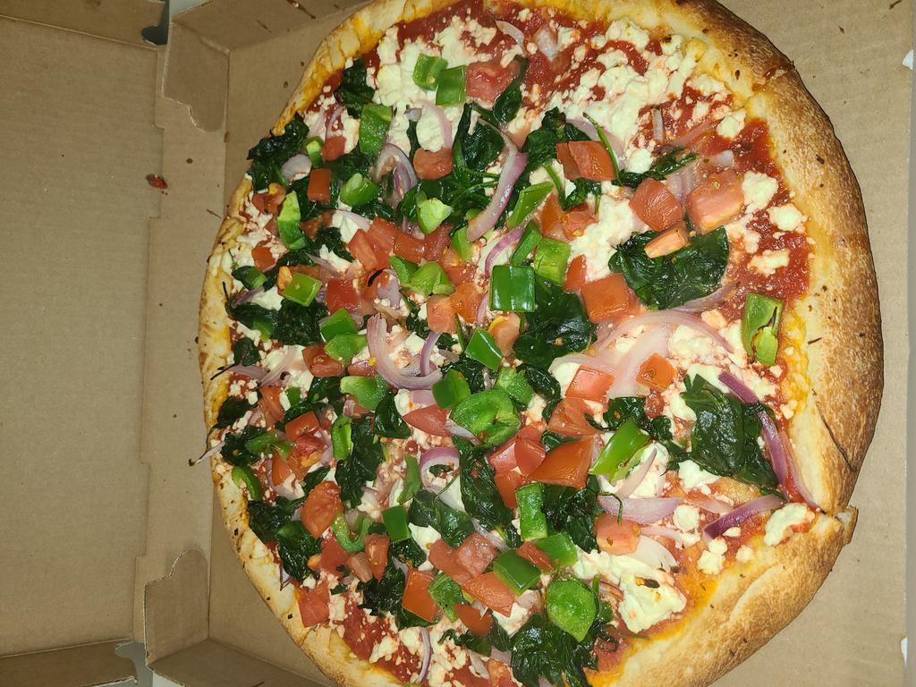  Greek Style Pizza · Tomato sauce, spinach, tomatoes, onions, green peppers, feta cheese and olives.