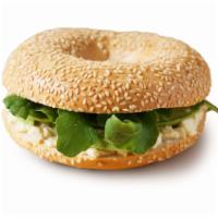 Avocado, Basil and Cream Cheese Bagel Sandwich · bagel with avocado, basil and cream cheese