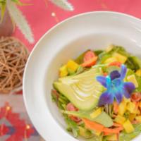 Mango Salad · Mixed Greens Salad served with small square mango, carrots slices, red pepper, avocado, onio...