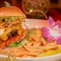 Burger · Meat, cheddar, bacon, guacamole, lettuce, tomato, fried Onions, Special Sauce, Fried Egg, & ...