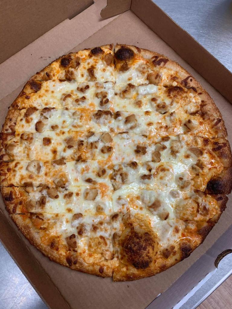 Medium Chicken Wing Pizza · A layer of chicken wing sauce, bleu cheese and topped with chicken.