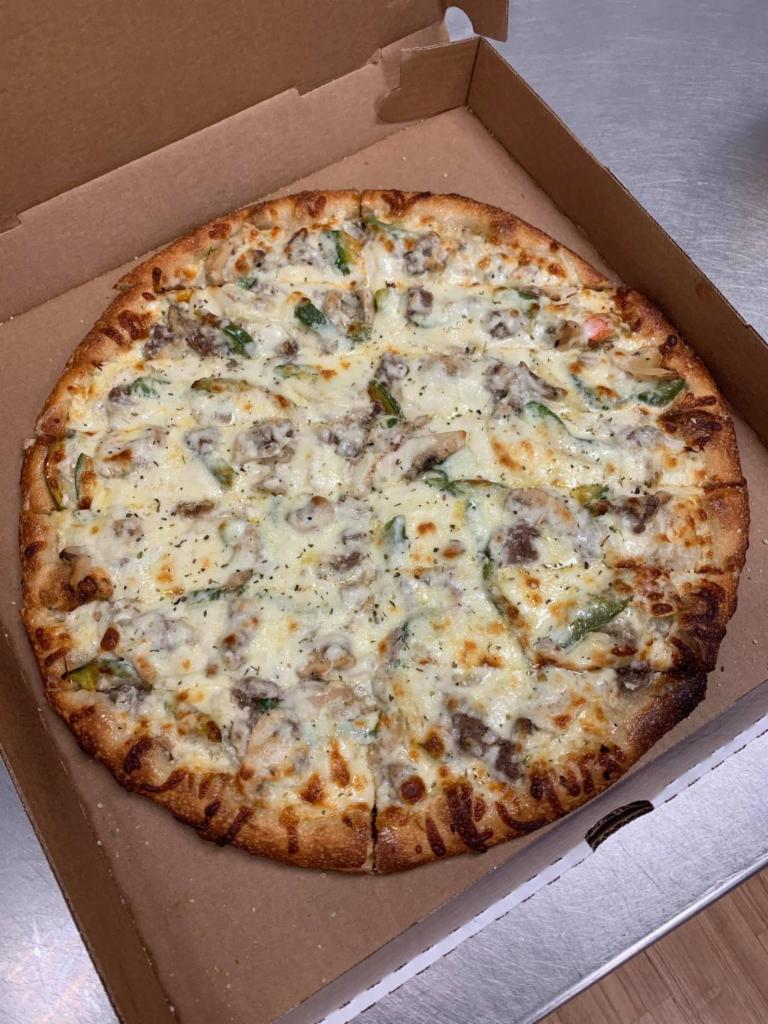 Philly Steak Pizza · Brick oven pie loaded with steak, onions, mushrooms, peppers and mozzarella cheese.