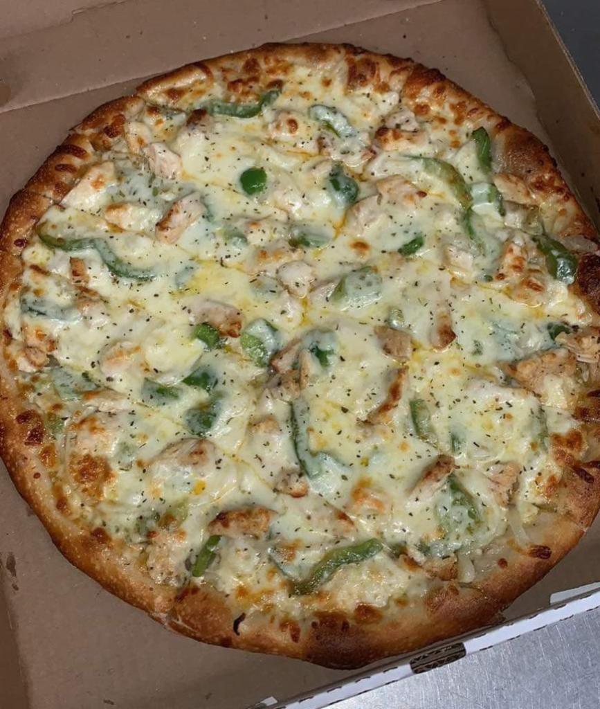 Philly Chicken Pizza · Brick oven pie loaded with chicken, onions, mushrooms, peppers and mozzarella cheese.