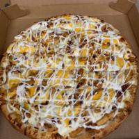 Loaded Fry Pizza · A thin layer of sour cream, famous loaded fries and swirled with ranch dressing.