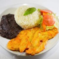 Pechuga Asada/grilled chicken · grilled chicken served with rice, beans side salad and fresh made tortilla