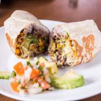 spicy pork sausage Burrito · flour tortilla wrap with rice, beans, cilantro, onion, guacamole sour cream and cotija cheese