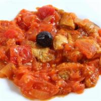 Eggplant with Tomato Sauce · Small pieces of fried eggplant in a moderately spicy sauce of fresh tomatoes, green peppers,...