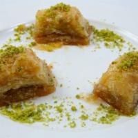 Baklava · Turkish pastry is made of many layers of paper-thin dough, filled with crushed pistachio.