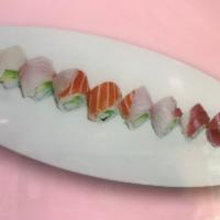 Rainbow Roll · Crab, cucumber, and avocado inside, variety of fish outside.
