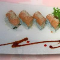 Spicy Lover Roll · Spicy salmon, cucumber inside with spicy tuna and crunch on top.