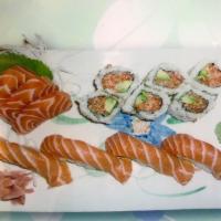 Salmon Lover · 4 pieces of salmon sushi, 3 pieces of salmon sashimi and spicy salmon avocado roll.