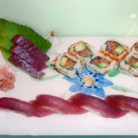 Tuna Lover · 4 pieces of tuna sushi, 3 pieces of tuna sashimi and a spicy tuna avocado roll.