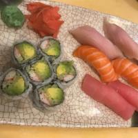 Tri-Color Sushi · 2 pieces of salmon, tuna, yellowtail and California roll.
