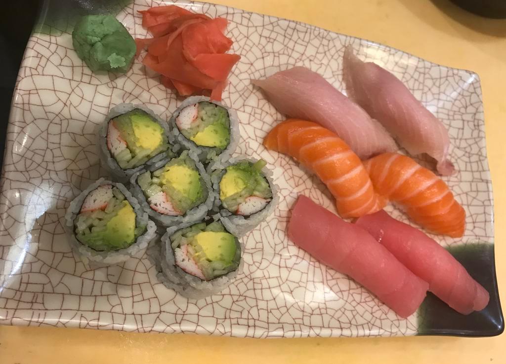 Tri-Color Sushi · 2 pieces of salmon, tuna, yellowtail and California roll.