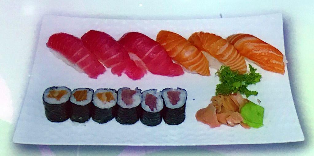 Salmon and Tuna Combo · 3 pieces of salmon, tuna sushi and 3 pieces of salmon and tuna roll.
