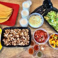 Taco Party - Build your own 12 tacos. · Choice of Chicken, Steak, Pork or Beef. 12 flour or crispy corn taco shells, Choose 2 salsas...