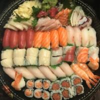 C. Sushi and Sashimi Platter · Sushi includes 4 pieces tuna, 4 pieces yellowtail, 4 pieces salmon, 4 pieces shrimp and 4 pi...