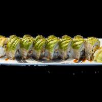 Caterpillar Roll · Unagi eel, cream cheese, cucumber, wrapped with avocado, Eel sauce, sesame seeds, uramaki st...