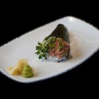 Spicy Hand Roll · Spicy mayonnaise, kaiware sprouts, and green onions. Choice of salmon, scallop or tuna. Trad...