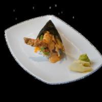 Spider Hand Roll · Soft shell crab, cucumber, avocado, and masago caviar. Topped with creamy chipotle sauce. Tr...