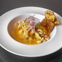 Mixed Ceviche · Mixed seafood and catch of day, with yellow pepper sauce in tiger’s milk with choclo, cancha...