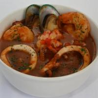 Fosforera Soup · Traditional seafood soup comes with shrimps, calamari,  octopus, mussel served with fried gr...
