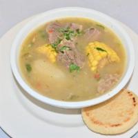 Beef Soup · Beef and vegetable soup with arepa on the side