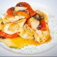 Rustic Chicken Breast · Chicken breast scallopini in Capers, red bell peppers, kalamatas olive, and artichoke hearts...