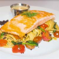 Griddled Salmon · Salmon fillet (8oz) over Linguine sauteed with garlic, olive oil, tomatoes cherries, arugula...