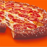 PRETZEL CRUST · A large buttery-flavored soft pretzel crust pizza with Creamy Cheddar Cheese Sauce, Mozzarel...