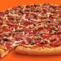 5 Meat Feast · Topped with mozzarella cheese, pepperoni, bacon, sausage, beef and ham .