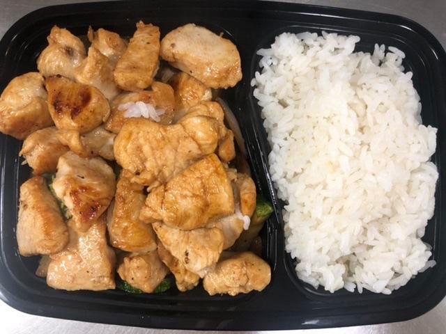 Hibachi Chicken · grilled chick with soy sauce & garlic.  Served with mixed vegetables & Steam Rice