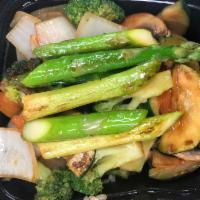 Hibachi vegetables · grilled mix vegatables with soy sauce & garlic. and steamed rice 