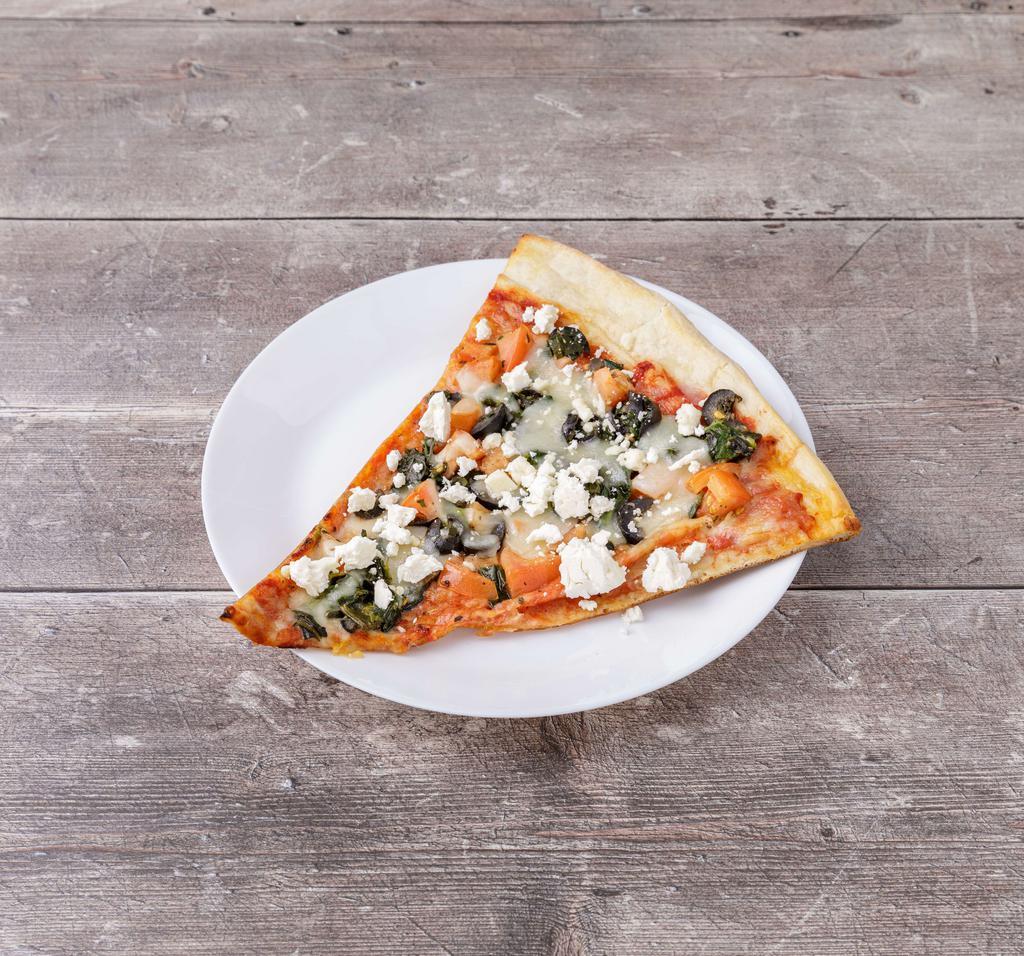 61. Greek Slice Pizza · Spinach, tomatoes, black olives and feta cheese.
