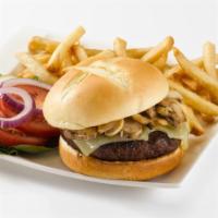 Mushroom Swiss Burger · Our Certified Angus Beef® Burger topped with fresh mushrooms and deli sliced Swiss