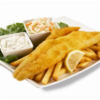 Fish & Chips · Atlantic haddock filet lightly dusted and fried with a hearty portion of V-cut fries, tartar...