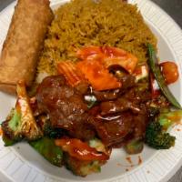 C14. Beef with Garlic Sauce Combination Platter · Hot and spicy.