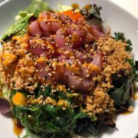 Yellowtail Poke Bowl · Fresh Yellowtail, avocado, onions, seaweed salad, fish eggs, crab meat and crunch with poke ...