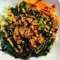 Vegetable Poke Bowl · Fresh Veggies comes with Inari, seaweed salad, avocado, asparagus, cucumber, broccoli, onion...