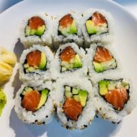 Fresh Salmon Roll · A roll that is rolled inside out with Fresh Salmon, Avocado and Cucumber. (9 pieces)