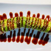 Caterpillar Roll · Inside the roll includes Fresh Eel, Avocado and Crab with sliced Avocado on the top with swe...