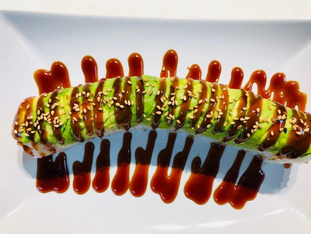 Caterpillar Roll · Inside the roll includes Fresh Eel, Avocado and Crab with sliced Avocado on the top with sweet eel sauce. (8pieces)