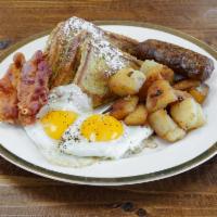 French Toast Platter · 2 French toast, 2 eggs any style with choice of ham, bacon, pork sausage, turkey sausage or ...