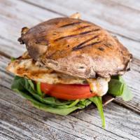 Portobello Sandwich · Grilled hormone-free, cage-free chicken, tomatoes, red onions, spinach with PH housemade bal...